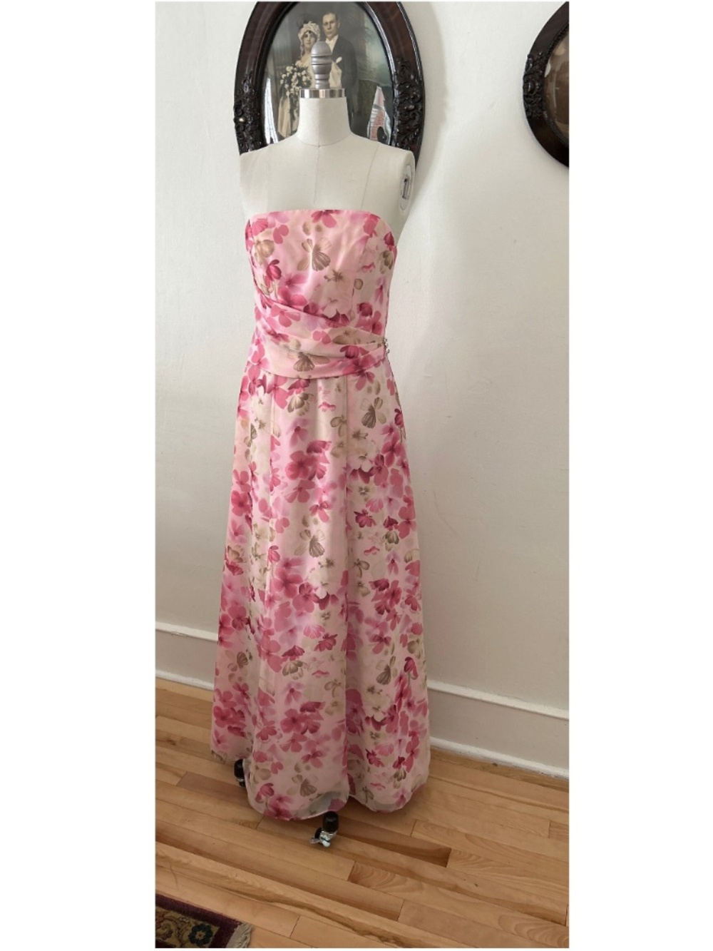 Pink Floral Mori Lee Chiffon Prom Dress